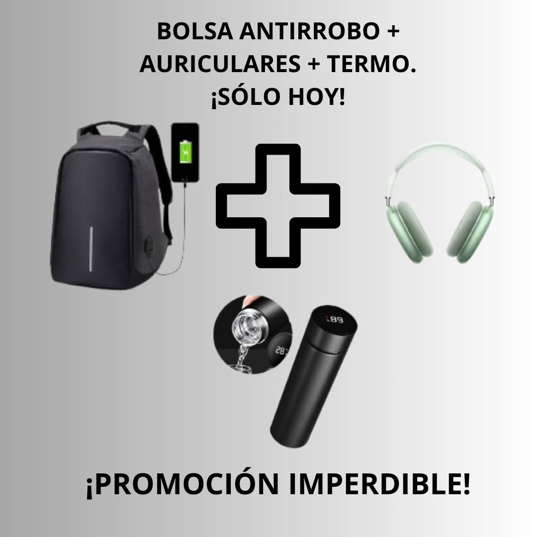 Practicidad y Estilo: ¡Combo de Bolsa Antirrobo, Auriculares y Termo! ⚡